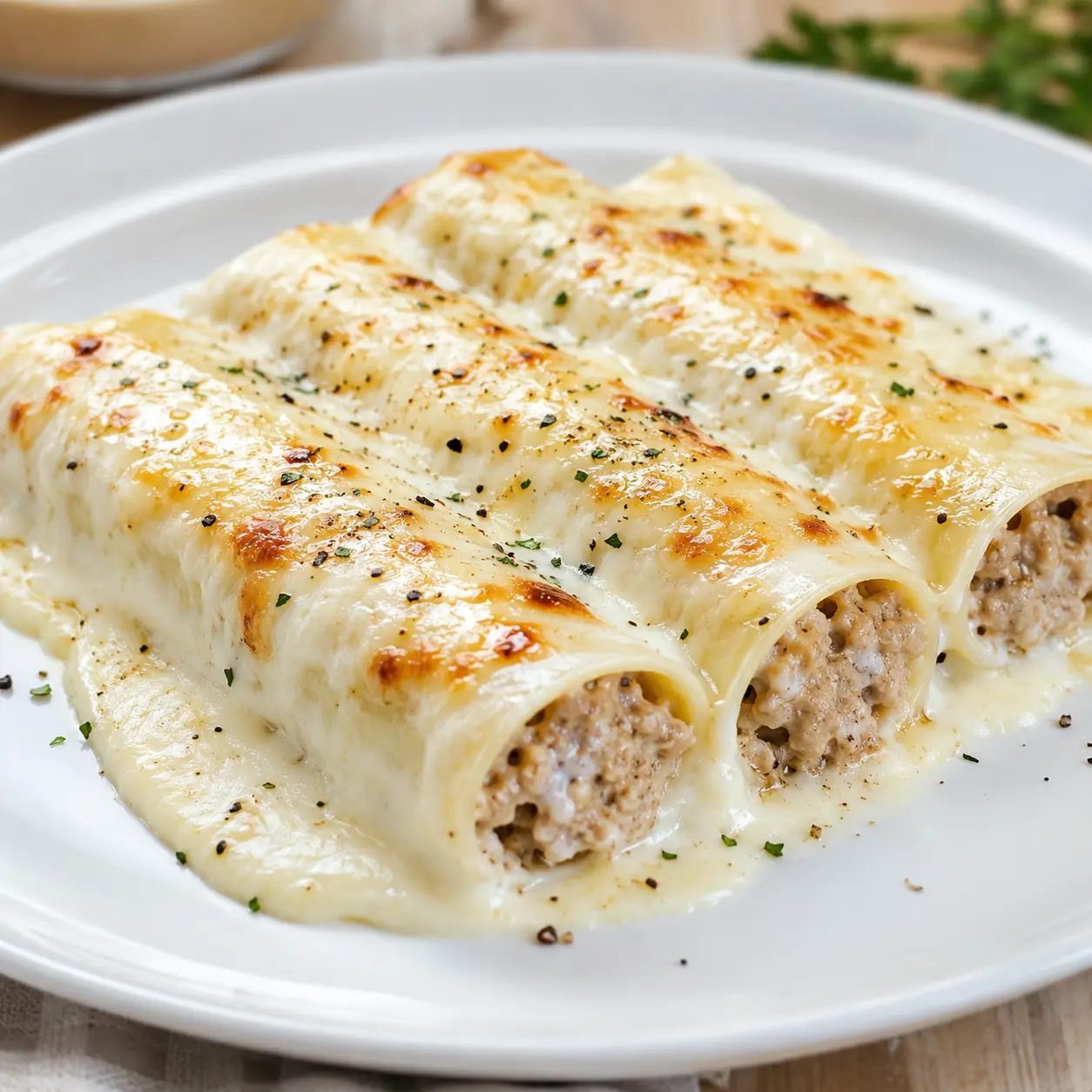 Canelones gratinados en salsa blanca