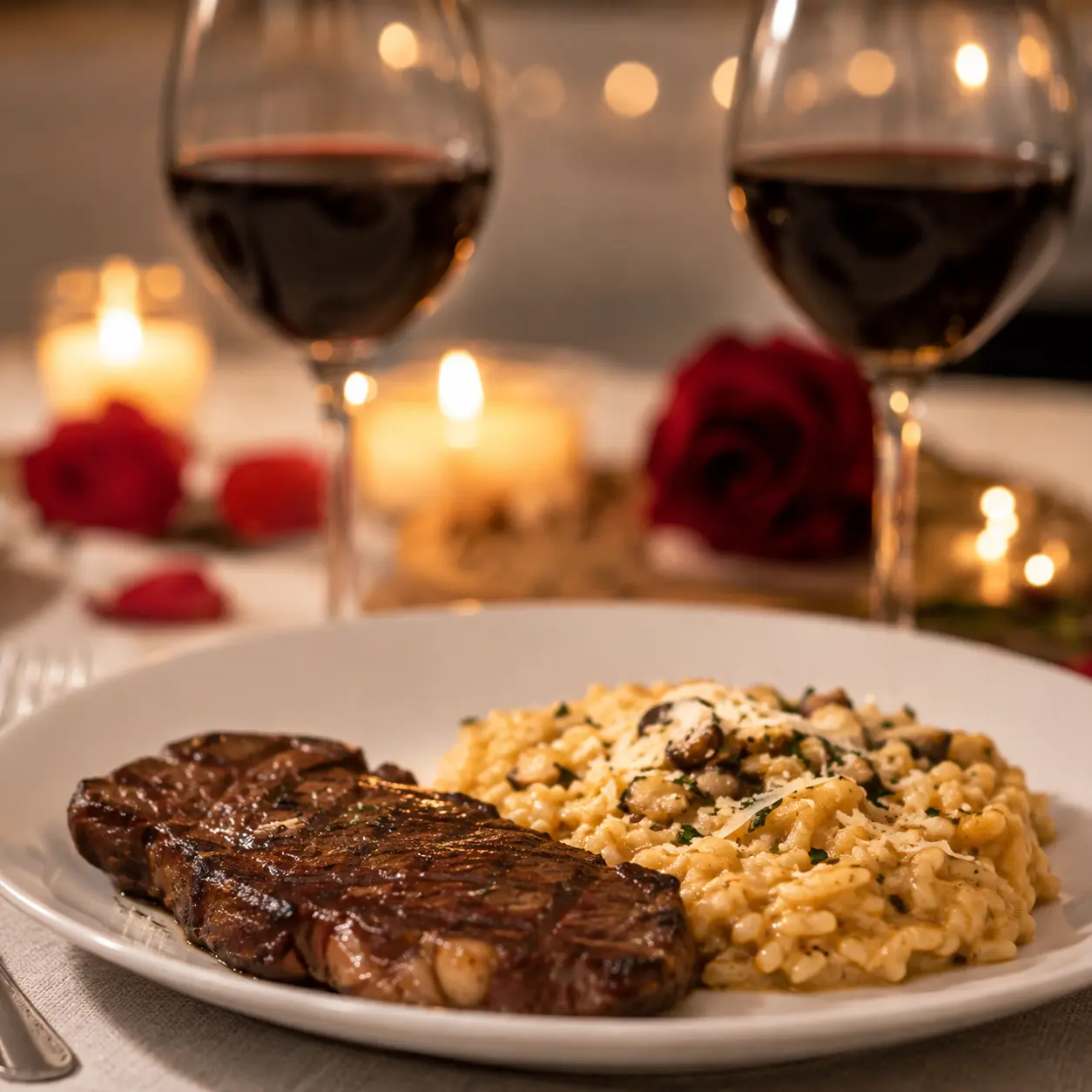 Filete a la parrilla con risotto de champiñones y copas de vino