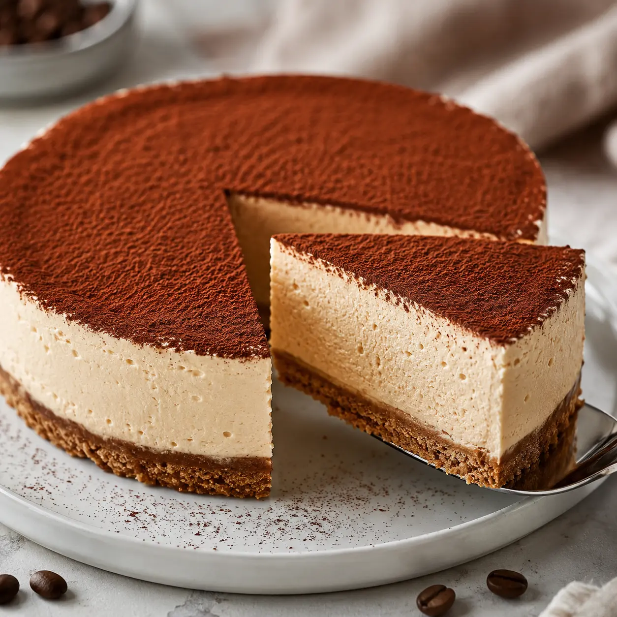 Tarta cremosa de café con cacao espolvoreado