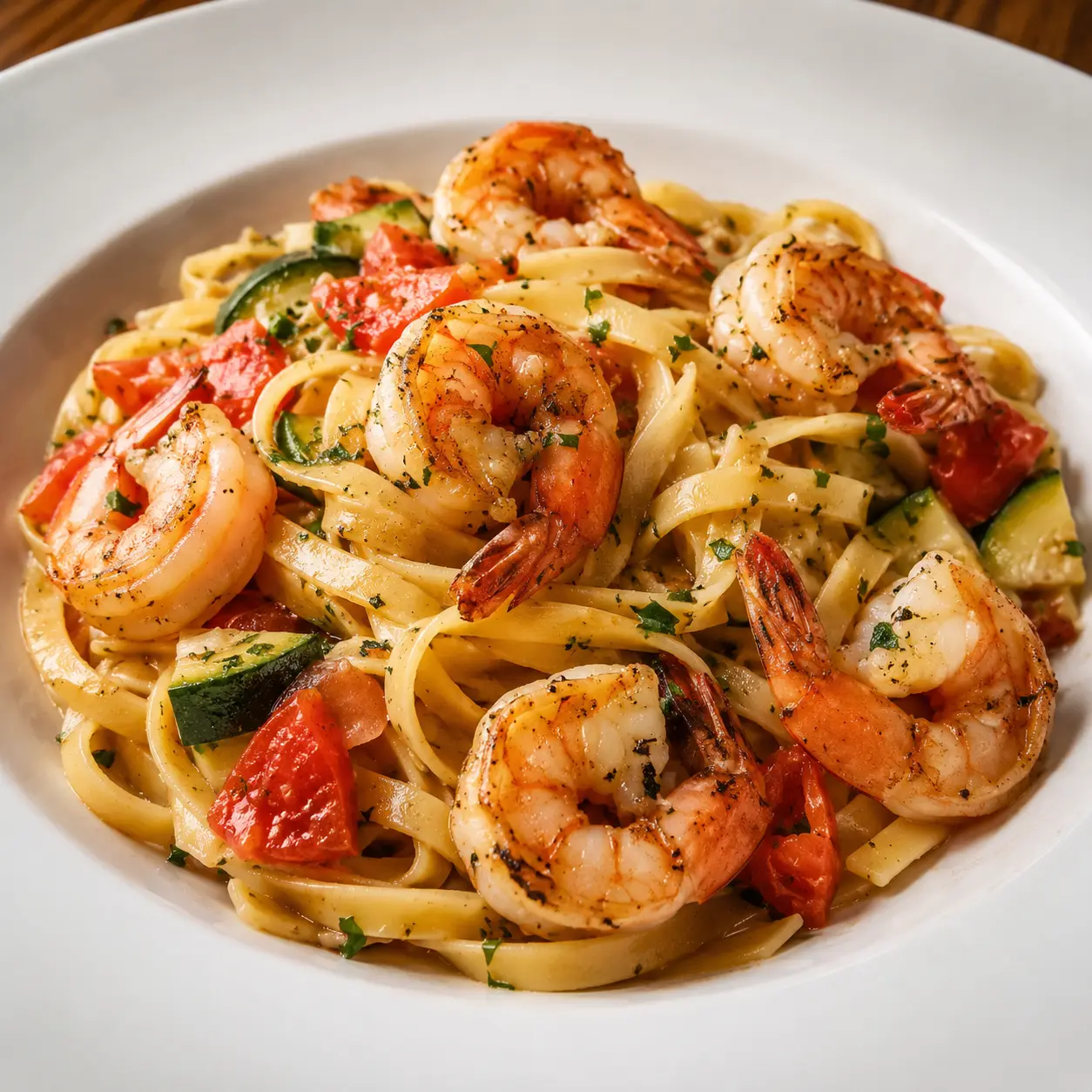 Fettuccine con camarones, tomate y calabacín
