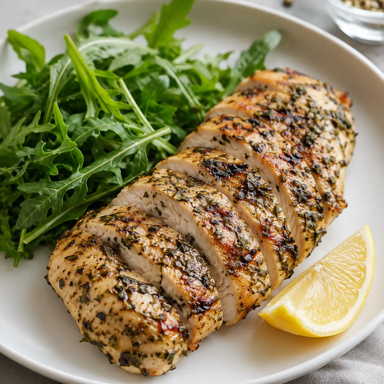 Pechuga de pollo a las hierbas con rúcula y limón